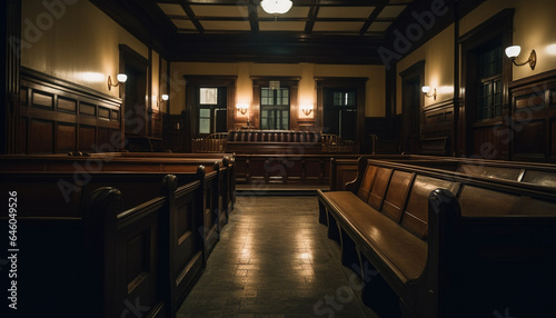 Comfortable chairs in elegant chapel with modern lighting and altar generated by AI