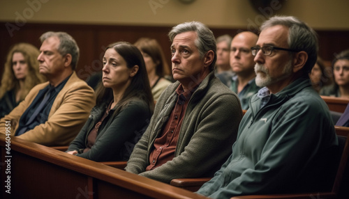 Multi ethnic group of mature men teaching wisdom in auditorium generated by AI