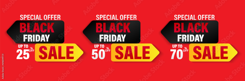 Fototapeta premium set 25%, 50%, 70% discount for Black Friday banner. Modern design black, red, white and yellow typography. Template for promotion, advertising, and web Black Friday season. Vector illustration.
