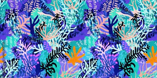 Fototapeta Naklejka Na Ścianę i Meble -  Tropical modern coastal pattern clash fabric coral reef border print for summer beach textile designs with a linen cotton effect. Seamless trendy underwater kelp and seaweed ribbon edge background