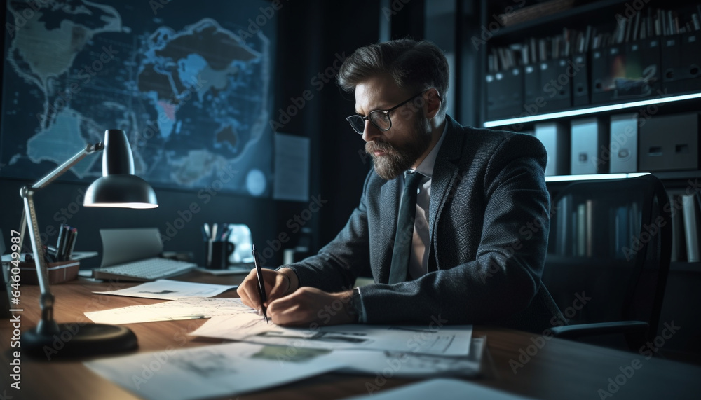 Confident businessman sitting at desk, using technology for creative planning generated by AI Confident businessman sitting at desk, using technology for creative planning generated by AI