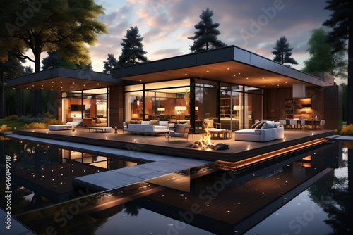 New architecture, modern villa, outdoors view at night scene. AI Generative © Elena