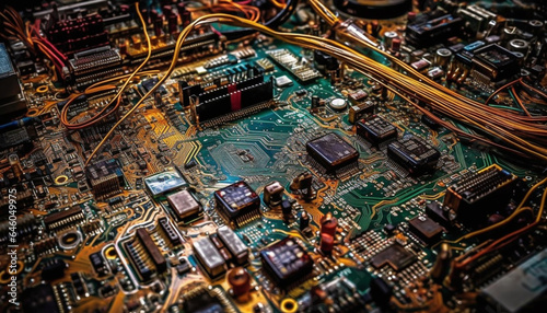 Complexity of electronics industry shown in close up of soldered connections generated by AI