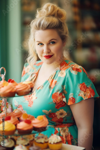 Plus size cute woman with cupcakes. Colourful retro style beautiful woman. Ai generated.