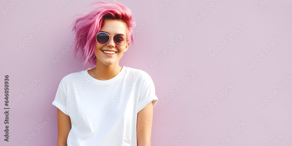 Young beautiful pink hair woman model in white t-shirt posing on light background - obrazy, fototapety, plakaty 