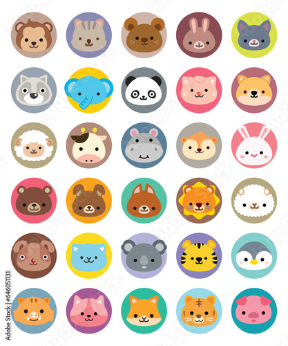 Set of face cute animals,  Animal avatars element collection, lovely animal stickers, Vector illustrator