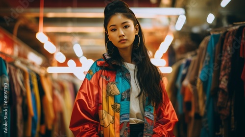 Retro Active fashion enthusiast people in a 90s and 2000s inspired style. Young asian woman photo