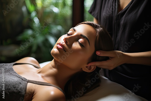 Massaging pretty woman's head, use hand to massage client's head on bed in spa