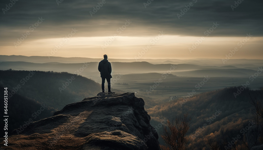 Standing on mountain peak, back lit by sunrise, achieving freedom generated by AI