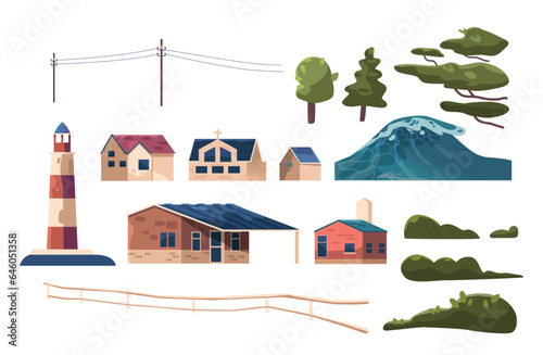 Set Of Icons Tsunami, Natural Disaster Isolated Graphic Element. Sea Wave, Beacon, High Voltage Wires, Trees, Bushes