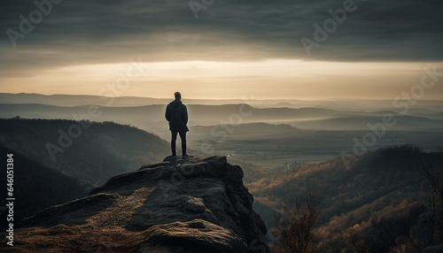 Standing on mountain peak, back lit by sunrise, achieving freedom generated by AI