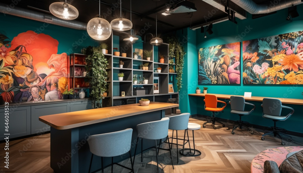 Modern interior design with elegant decor, comfortable seating, and illuminated creativity generated by AI Modern interior design with elegant decor, comfortable seating, and illuminated creativity generated by AI