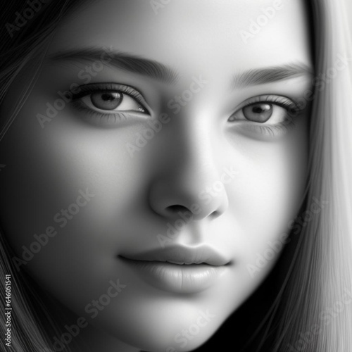 Monochrome detailed graphite pencil drawing portrait of a beautiful young woman. Generative AI