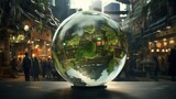 1 Capture a stunning image of a glass globe overlooking a bustling green energy marketplace, where vendors showcase innovative products and technologies