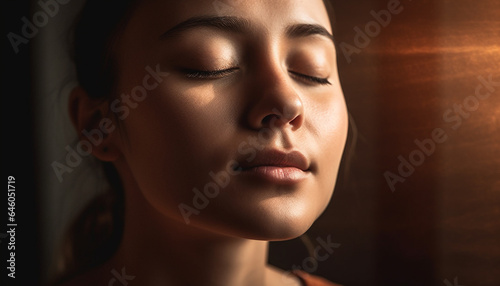 Serene young woman in casual elegance, eyes closed in contemplation generated by AI