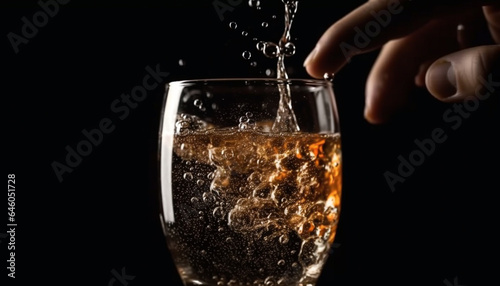Thirsty hand pours luxury whiskey into crystal glass on black background generated by AI