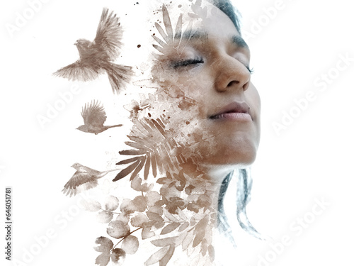 A conceptual paintography portrait of a woman with eyes closed and smiling