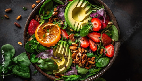 Fresh salad bowl with organic vegetables, avocado, and ripe tomato generated by AI