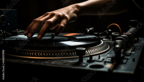 Jockey spinning old fashioned turntable, mixing nightlife at nightclub party generated by AI