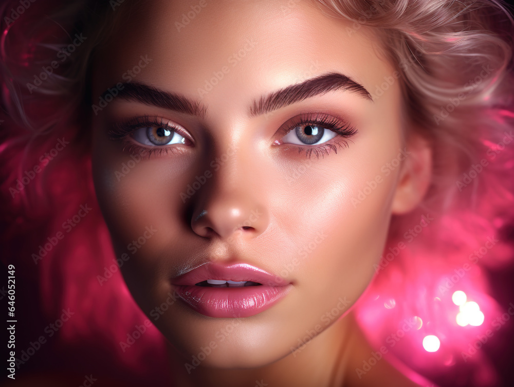 Close up portrait of a girl in a pink backllight