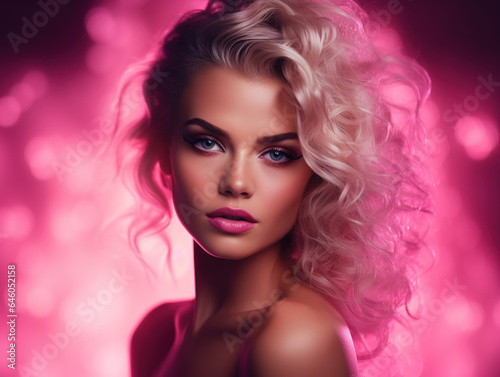 Close up portrait of a girl in a pink backllight
