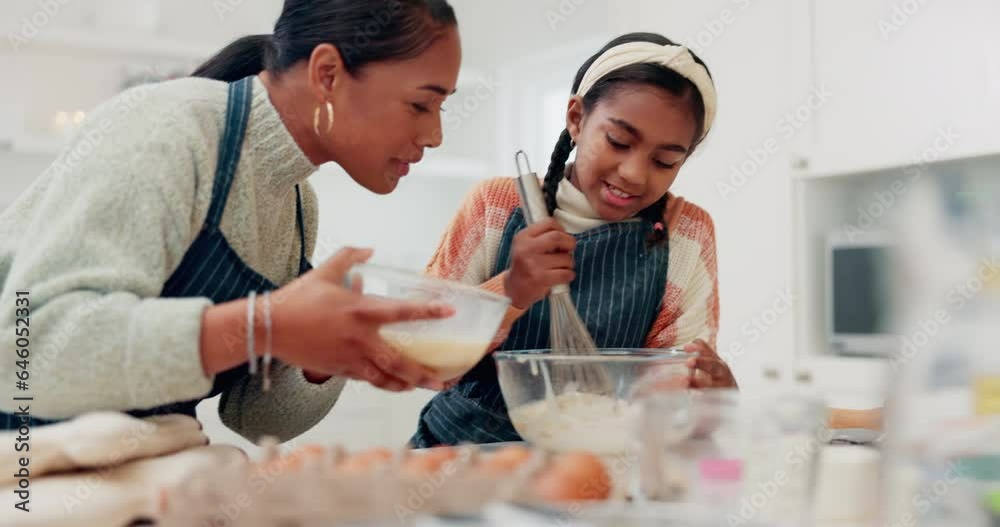 Help, talking and mother and child baking in the kitchen for food