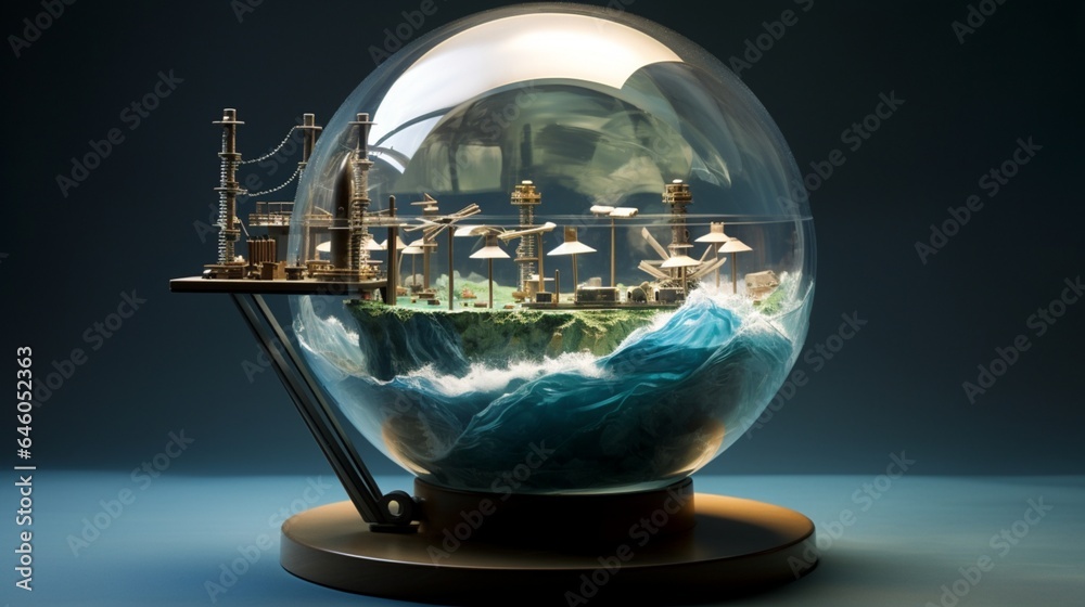 1 Capture an inspiring image of a glass globe with miniature tidal turbines inside, emphasizing the potential of marine energy in coastal regions 1 Capture an inspiring image of a glass globe with miniature tidal turbines inside, emphasizing the potential of marine energy in coastal regions