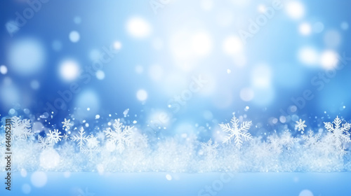 Shiny blue christmas bokeh light background with snowflake, defocus luxury romantic light decoration, abstract blurred glitter xmas holiday card invitation design with copy space ai generate