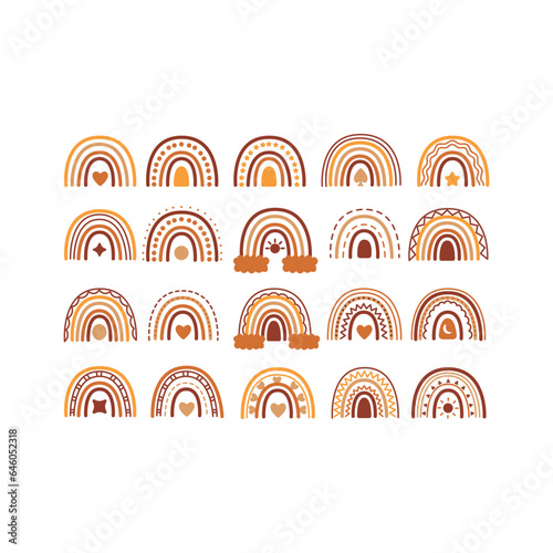 Boho rainbows in terracotta colors. Neutral nursery art design for decoration, bohemian printing for fabric, wall art. Hand drawn vector illustration.