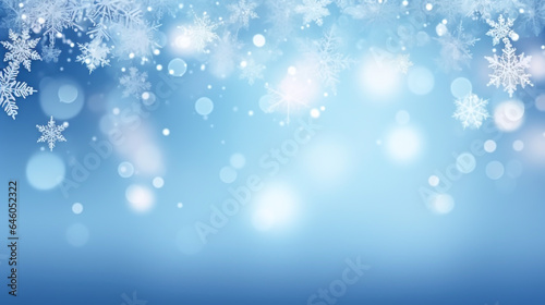 Shiny blue christmas bokeh light background with snowflake, defocus luxury romantic light decoration, abstract blurred glitter xmas holiday card invitation design with copy space ai generate