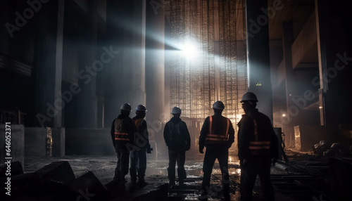 Silhouetted team of experts working on skyscraper construction at night generated by AI