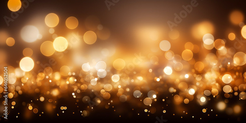 Shiny gold bokeh christmas light background, defocus luxury romantic light decoration, abstract blurred glitter xmas holiday card invitation design with copy space ai generate