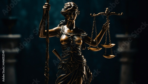 Justice statue symbolizes legal system balance and equality concept generated by AI © Stockgiu