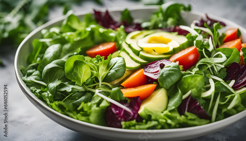 Vibrant salad bowl filled with fresh greens, vegetables, and dressing