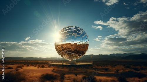 1 Craft a visionary photograph of a glass globe surrounded by a circular array of solar mirrors  showcasing the precision and elegance of concentrated solar power