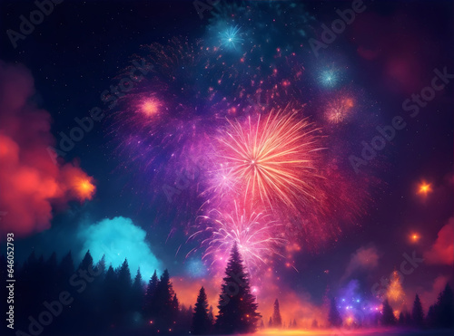 Christmas background with fireworks, festive bokeh. New year greeting card, postcard with copyspace.