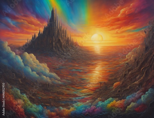surreal sunset or sunrise scene manifested through an abstract fusion of colors and textures, related to creativity, art, and landscape painting. Created with generative AI tools