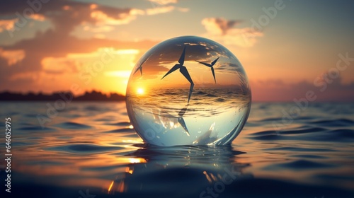 A mesmerizing photograph of a glass globe floating above a serene ocean at sunset, with wind turbines and solar panels visible on the horizon, symbolizing the beauty of marine and solar energy © Khalida