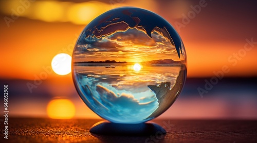 A mesmerizing photograph of a glass globe floating above a serene ocean at sunset  with wind turbines and solar panels visible on the horizon  symbolizing the beauty of marine and solar energy