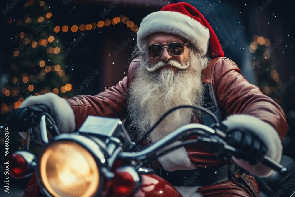 Fototapeta premium Santa Claus sitting on a motorcycle. Ai generative art
