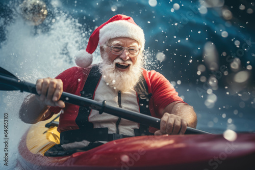 Santa Claus in kayak. AI generative art. photo