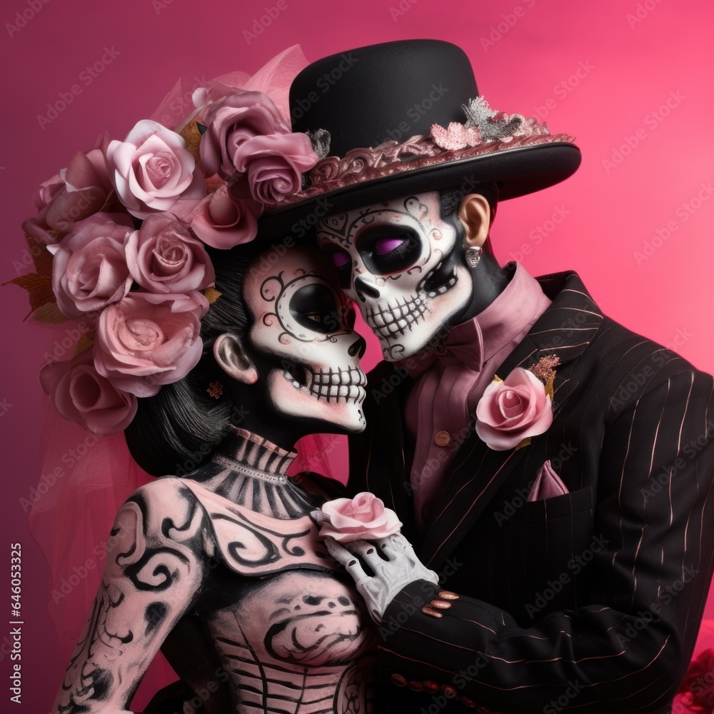Day of dead, mexican folk holiday, couple in a costume of death Day of dead, mexican folk holiday, couple in a costume of death
