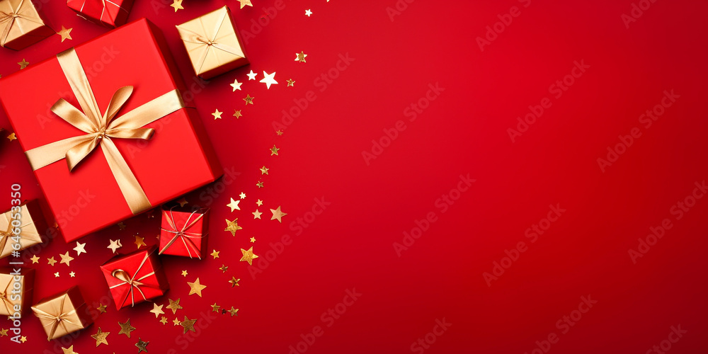 Luxury red golden gift box on floor, top view christmas holiday background, flatlay birthday invitation card design with copy space, new year celebration Ai generate Luxury red golden gift box on floor, top view christmas holiday background, flatlay birthday invitation card design with copy space, new year celebration Ai generate