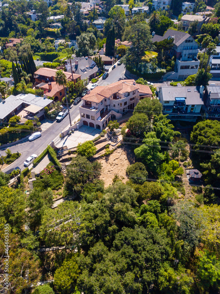 Aerial view of the Los Feliz neighborhood with large houses in the hills and downtown Los angeles skyline in the background.
