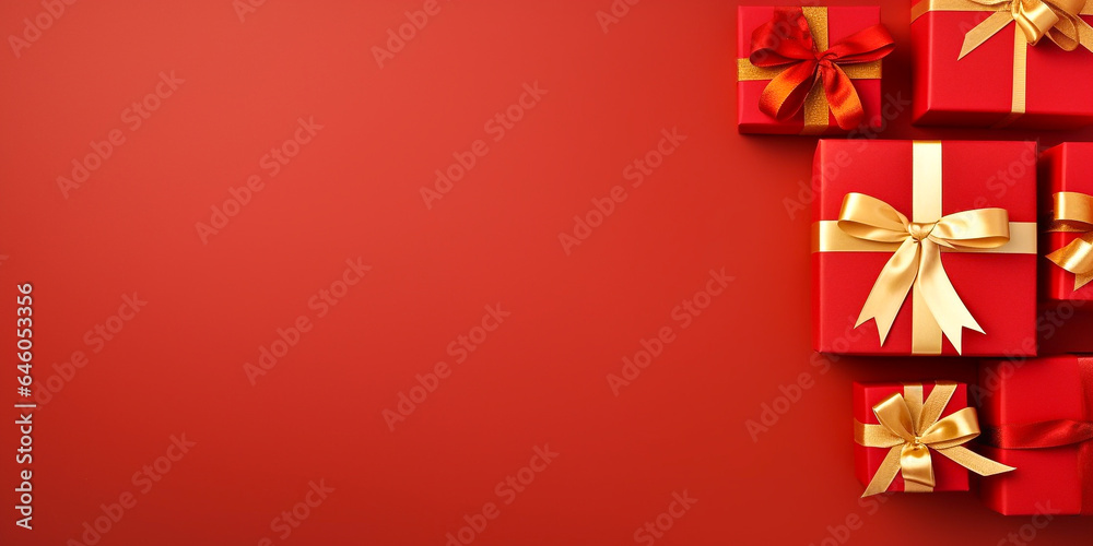 Luxury red golden gift box on floor, top view christmas holiday background, flatlay birthday invitation card design with copy space, new year celebration Ai generate
