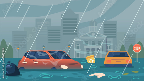 Natural Flood Disaster, The City Is Submerged In Rising Waters, Chaos Ensues During Deluge Devastating Impact