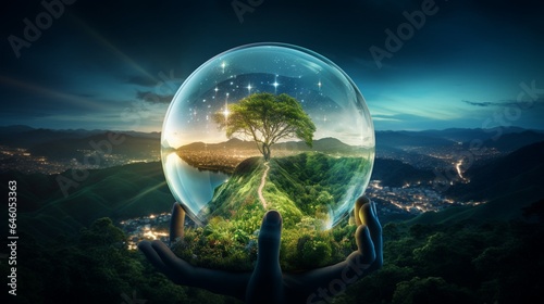 1 Generate an enchanting scene featuring a glass globe adorned with holographic projections of green energy breakthroughs, highlighting advances in the field