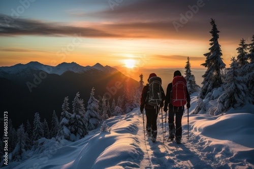 Hiking people in a winter t mountains in sunset time
