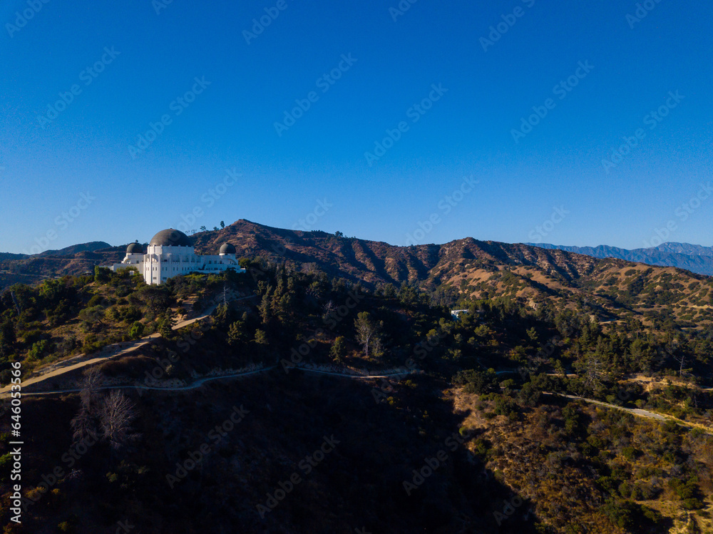 Aerial views of Griffith Park Observatory in Griffith Park, Los Angeles, California.