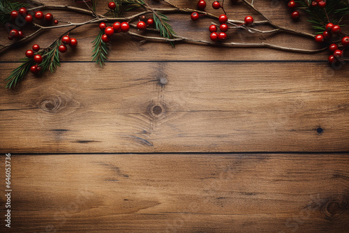 Festive New Year Brown Wooden Background with Green Tree and Red Berries - Created with Generative AI Tools